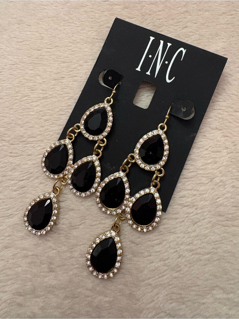 INC International Concepts Gold and Black Teardrop Crystal Chandelier Earrings
